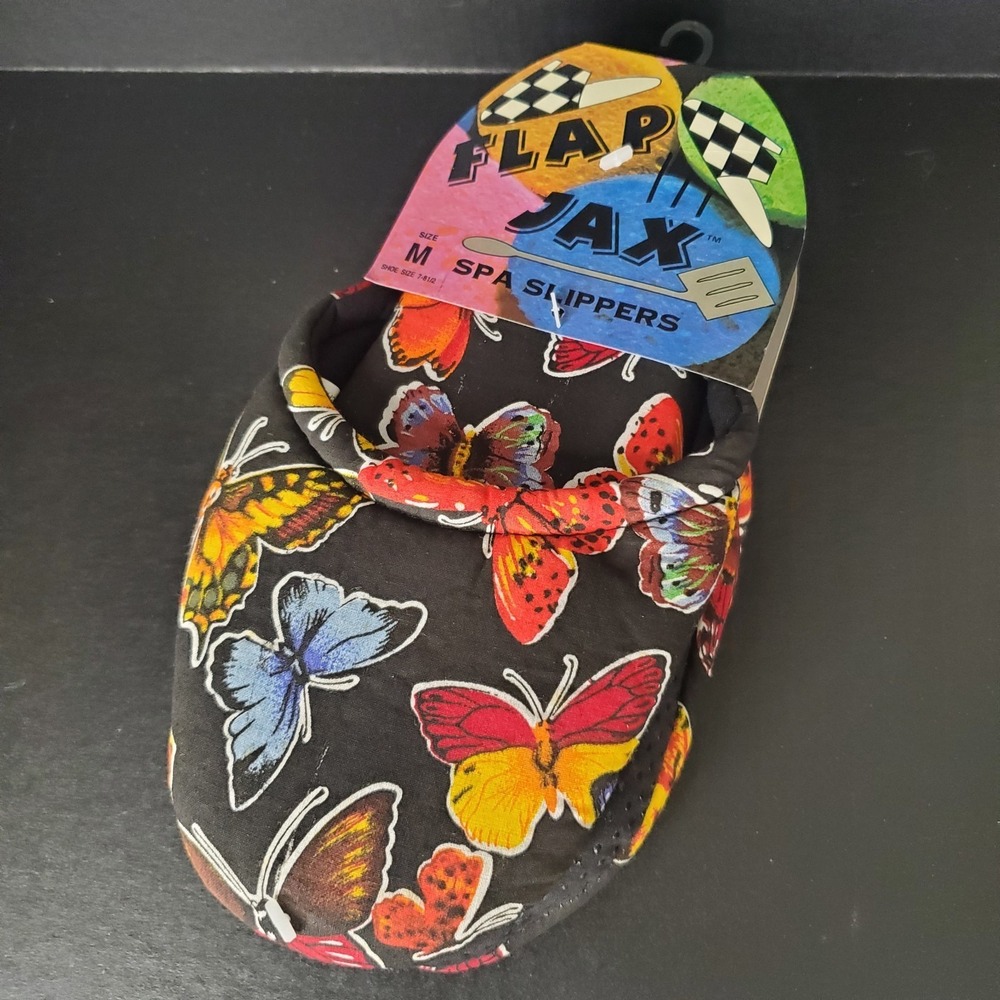 Flap Jax‎ Women's Spa Slippers Size M (7-8.5) Black W/ Butterflies NEW